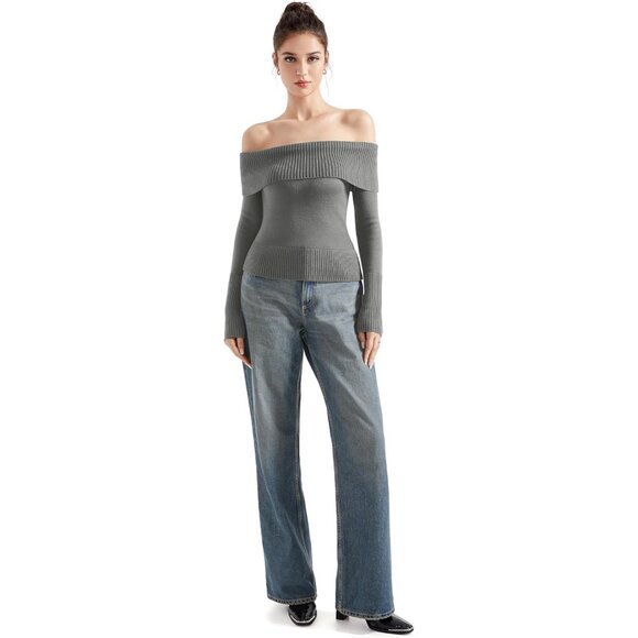 Women Hemp Gray Off Shoulder Long Sleeve Tops Blouse Sweaters - Picture 5 of 7
